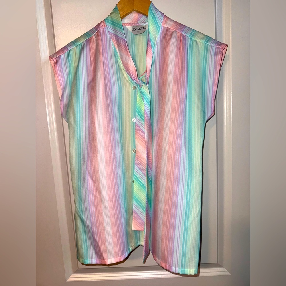 Vintage Jonquil Colorful Striped Button-Up Blouse with tie Size 10